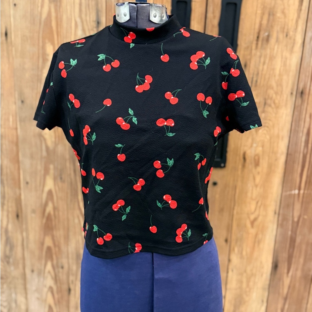 SHEIN Black Crop Top with Red Cherry Print